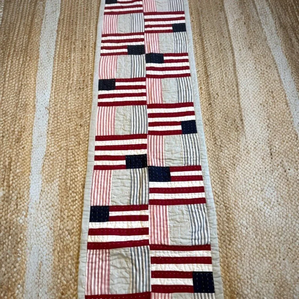 Pottery Barn Quilted Table Runner U.S. Flag 93 x 18 Red White & Blue Reversible